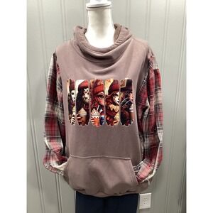 Custom Upcycled Horror Girl Hoodie – Flannel Sleeve – 25.5" P2P